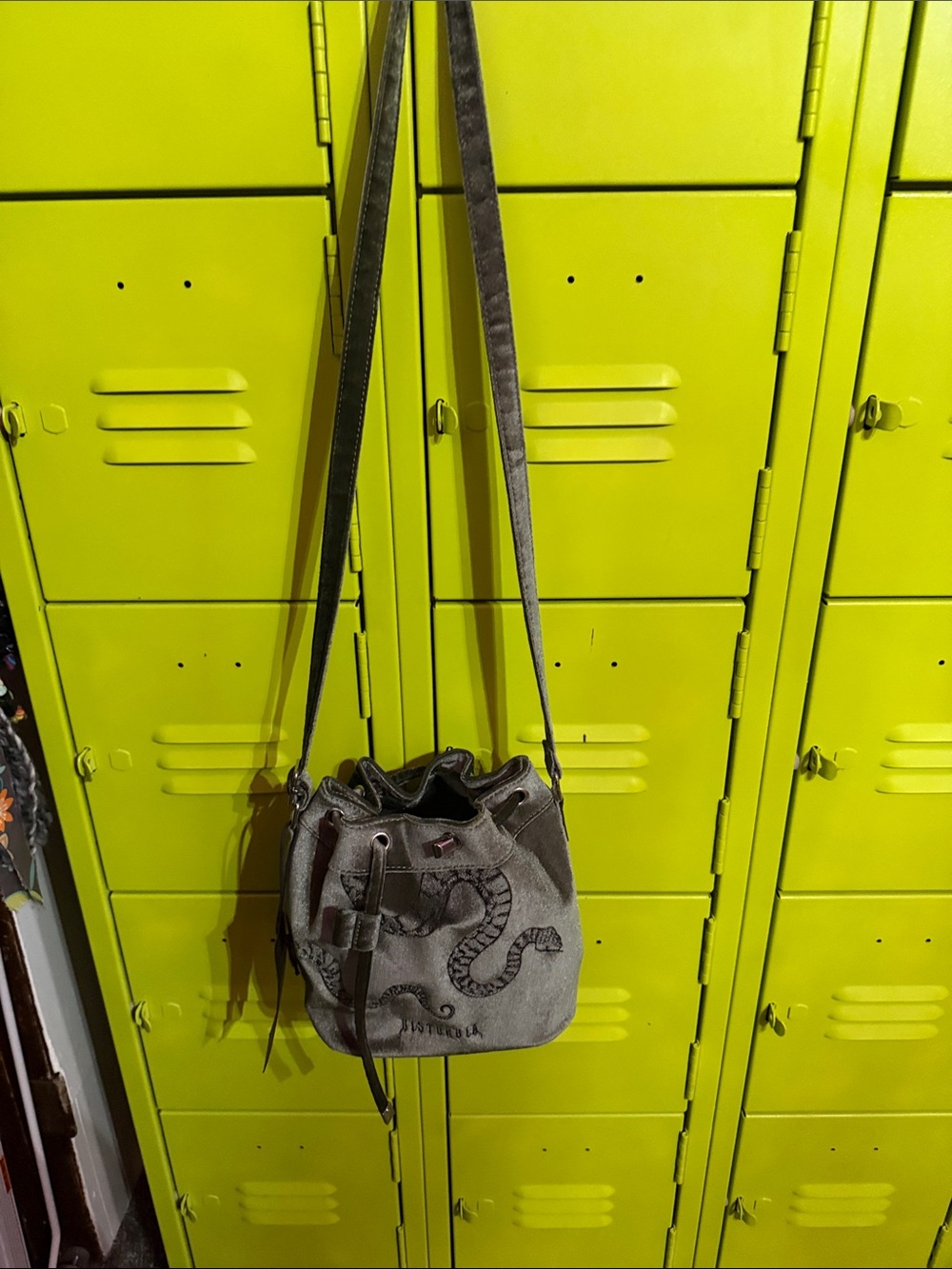 Disturbia Olive Green Velvet Drawstring Snake Bucket Bag - Picture 10 of 13